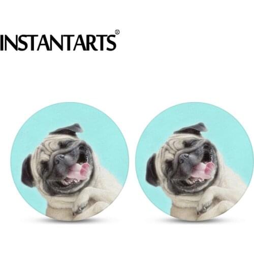 INSTANTARTS Cute Animal Pug Dog Print Absorbent Auto Cupholders Coasters for Kid Universal Fit Most Car Car Cup Holder Coasters