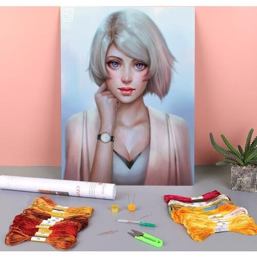 Cartoon Girl Woman Printed Water-Soluble Canvas 11CT Cross Stitch Complete Kit Embroidery DMC Threads Sewing Different