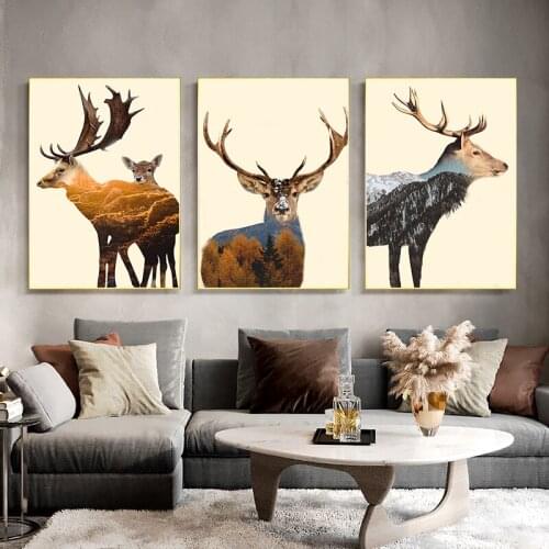 Nordic Animal Elk Forest Snow Mountain Picture Home Decoration Canvas Painting Art Living Room Bedroom Study Decoration Poster