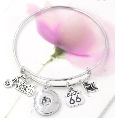 Interchangeable USA Flag Motocycle Route 66 Charm Bracelets liobonar snap buttons charms Wire Bangle for women snap jewelry