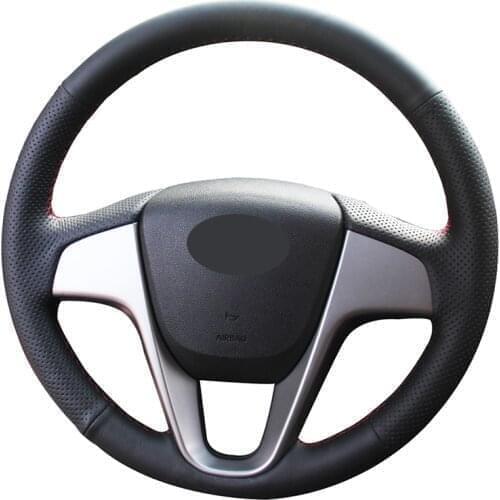 Hand-stitched Black PU Faux Leather Car Steering Wheel Cover for Hyundai Solaris i20 Accent Verna 2008-2010 2011 2012-2017