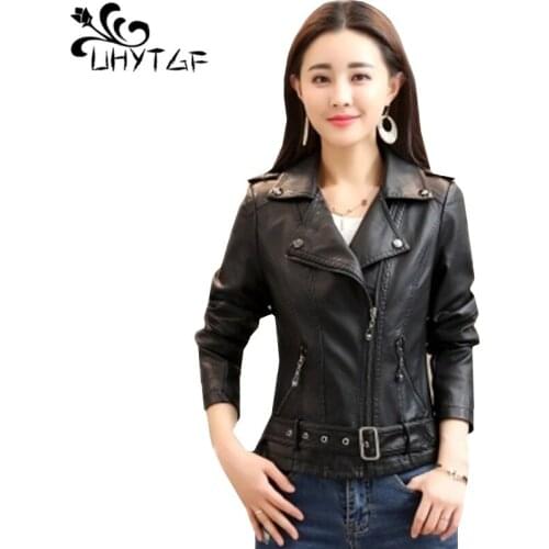 UHYTGF New Women leather Jacket Autumn Outerwear Short Belt Zipper Slim leather jacket Ladies M-4XL Plus size biker jackets 783