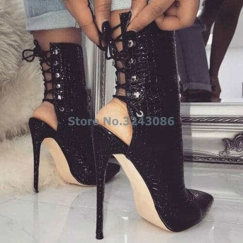 Gorgeous Pointed Toe Thin High Heel Boots crocodile print Back Lace Up Fastening Stiletto Heel Ankle Boots Patent Leather