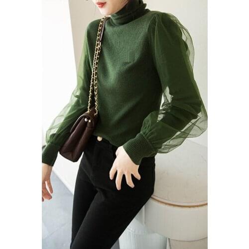 Women Sweaters And Pullovers Spring Autumn Lantern Sleeve Patchwork Mesh Turtleneck Knitted Casual Knitted Wool Sweater NS190