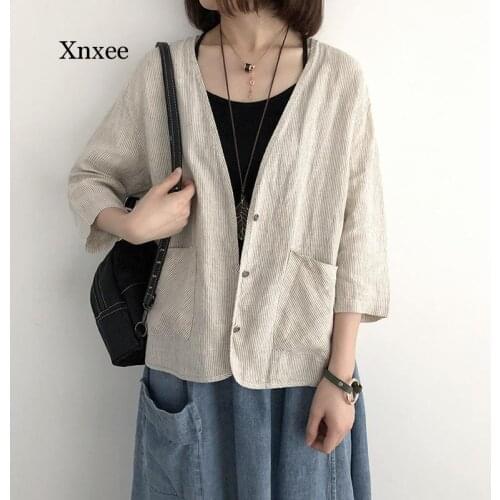 Japanese Linen Vertical Stripes Cardigan Coat Spring Summer 3/4 Sleeve Single-Breasted Loose V Neck Jacket Casual Womens Tops