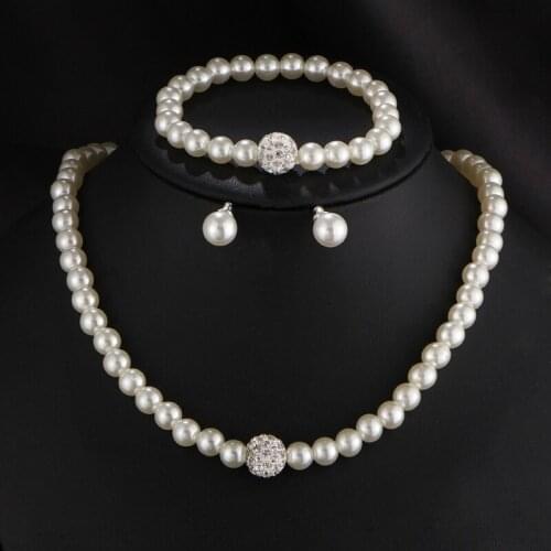 Womens Bride Wedding Jewelry Set Rhinestone Faux Pearl Necklace Bracelet Earring J60E