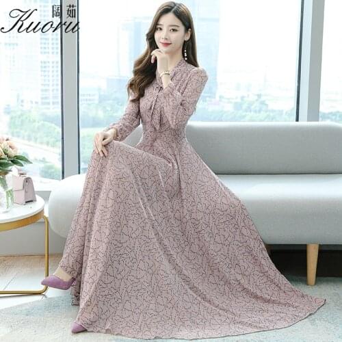 Pink Chiffon Long Sleeve Dresses For Women 2021 Streetwear Maxi Black Floral Faldas Casual Vetement Femme Size S-4XL Vestidos