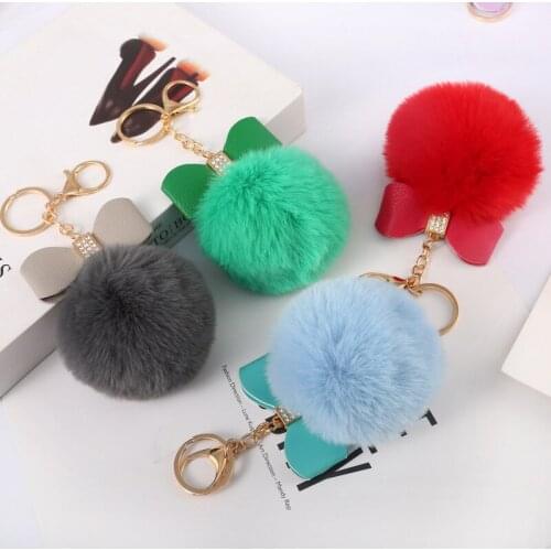 1Pc Car Key Ring Rhinestone Bow Rabbit Fur Ball Key Chain Men Women Girls PomPom Plush Keyring Women Fur Pom Keychain Key Ring