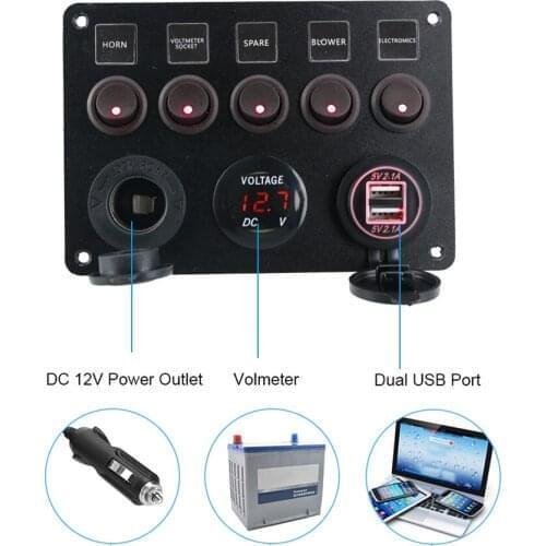 5 Gang Switch DC 12V-24V Car Boat Cigarette Lighter Socket Dual USB Charger Voltmeter Panel for Vehicle Car boat motor home