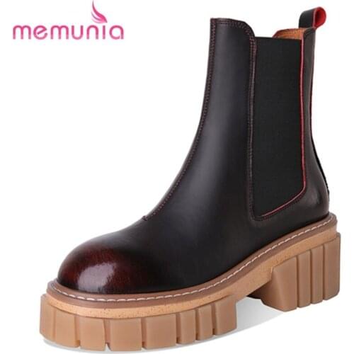 MEMUNIA Genuine Leather Shoes Elastic Band Platform Ankle Boots Thick Heels Winter Ladies Boots Hand Made Fashion Chelsea Boots