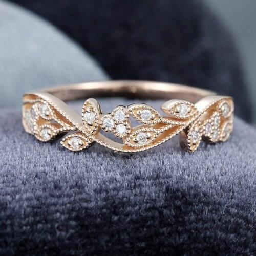 EDI Floral Diamond Wedding Band 14k Rose Gold Antique Stacking Matching Ring Bridal Promise Anniversary Gift For Her