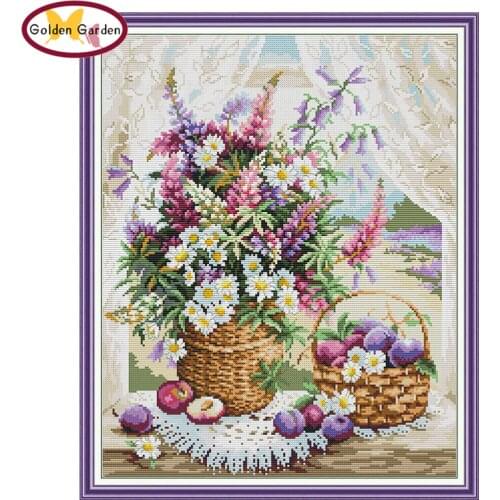 GG Flower Basket Paintings Cross Stitch Embroidery Needlework Set Joy Sunday 14CT11CT DIY Counted Cross Stitch for Home Decor