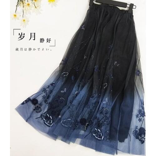 Gradient mesh gauze New skirt of tall waist a word skirt long embroidered skirts during