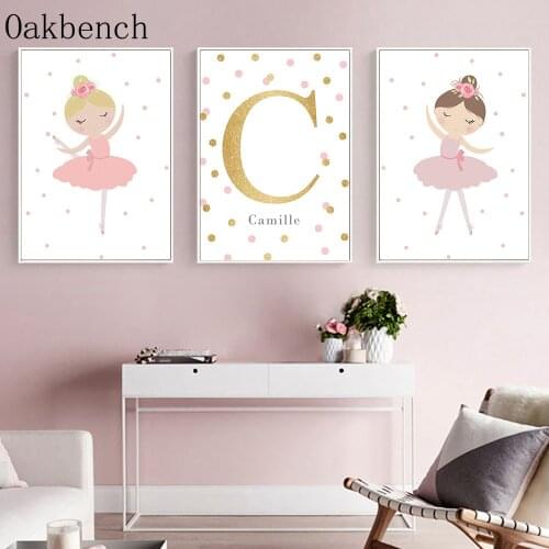 Dancing Girl Wall Art Canvas Painting Personalized Name Posters Nursery Wall Poster Nordic Custom Name Baby Girl Room Decor