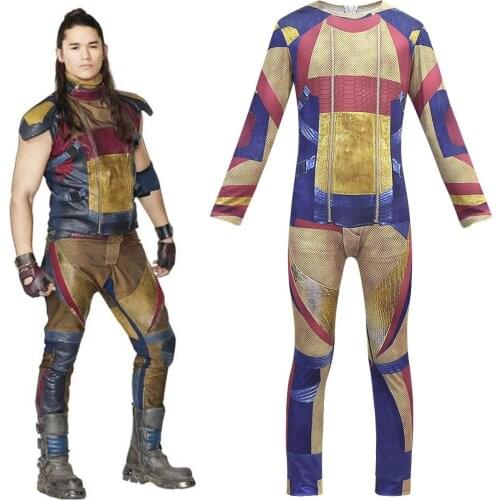 Descendants 3 Halloween Costume for Kids Carlos Cosplay Carnival Party Clothes 3D Jumpsuits+Gradient Black Grey Color Short Wigs