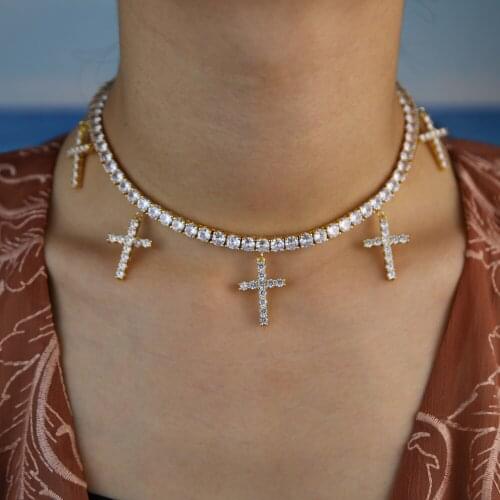 Hip Hop Iced Out 32+10cm Cross Pendant Choker Necklace Paved White Cz Trendy Jewelry For Women Wedding Gift 2021 Summer Style