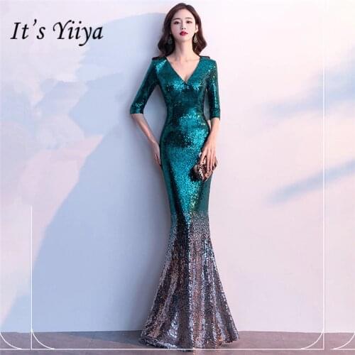 Its Yiiya Sequined Prom dress V-neck half sleeve long shinny party Gowns Floor-length zipper back Mermaid evening dresses C077