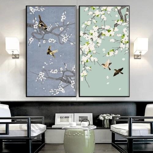Chinese Style Bird Peach Blossom Posters and Prints Canvas Paintings Living Room Art Wall Pictures Home Decoration