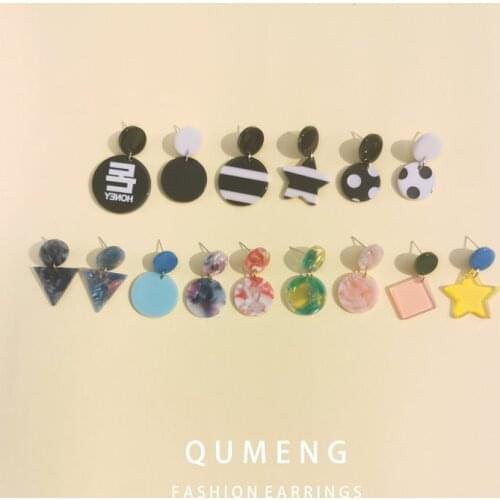 QUMENG Korean Girl Cute Small Stud Earrings Geometric Round Triangle Star stripe Wave point Acrylic Acid Earrings For Women