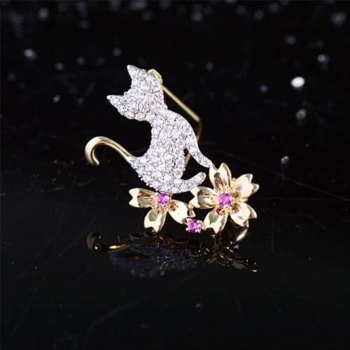 Luxury Zircon Cute Cat Flower Crystal Brooches for Women Elegant Scarf Pins Dress Wedding Corsage Pin Fashion Jewelry broche