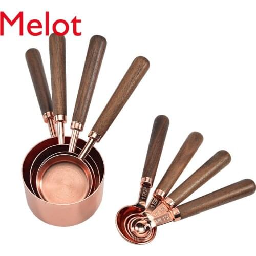 Walnut Handle Copper Measuring Spoon Measuring Cup Set of 8 Baking Tool Bartending Scale Measuring Spoon Free Shipping