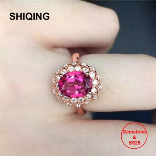 SHIQING Real 100% gemstone pink topza rings, stacking multi petals flower silver trendy rings for women girls
