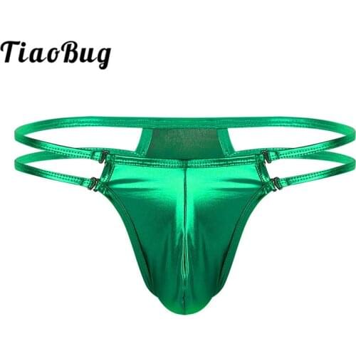 TiaoBug Shiny Metallic Low Rise Penis Bulge Pouch Jockstrap Tanga Hombre Men Hot Sexy G string Thong Underwear Swim Bathing Suit