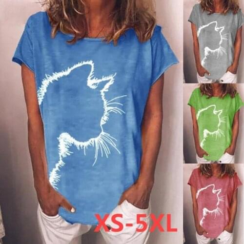 Kuelawear Cathead Print Casual Short Sleeve Womens T-shirt Loose Round Neck Pullover Shirt Summer Fashion Solid Color Ladies Top