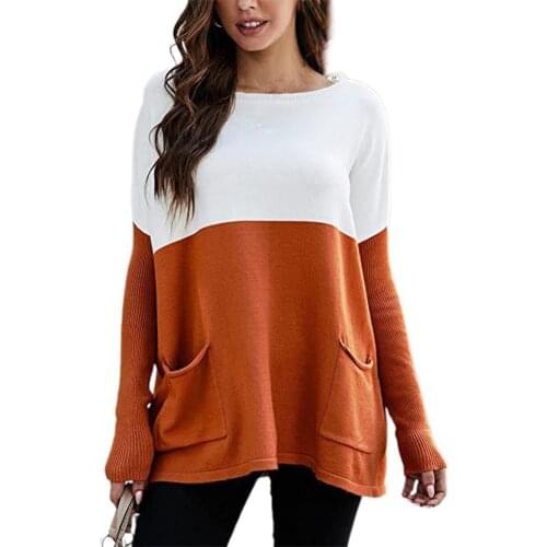 Autumn Sweater For Women Sweater Contrast Color Knitted Long Sleeve Top Autumn O Neck Long Sleeve Pockets Sweater Streetwear
