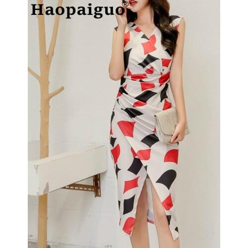 Split Sleeveless Big SIze Summer Dress 2019 Sheath Print Wrap Bodycon Dresses Women Elegant Dress Sukienka Vestidos De Festa