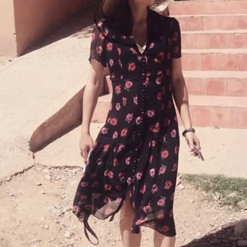 Women Dress 2020 Spring-Summer French V-neck Short Sleeve Romantic Silk Slim Fit Slim Thin Buckle Print Midi Dress