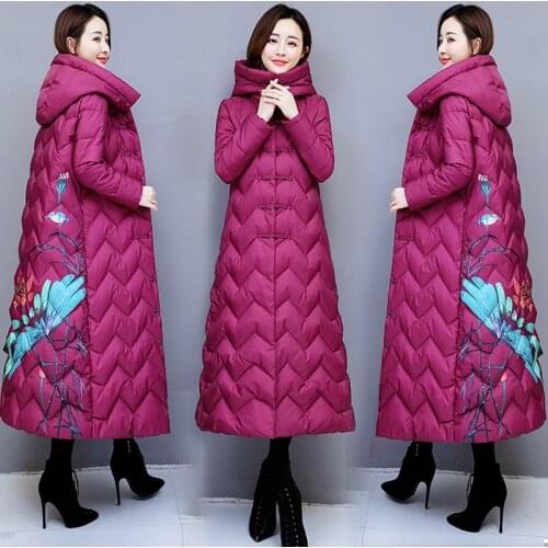 Winter Fall Vintage Women Warm A Line Printed Floral Green Orange Extra Long Padded Parka Coat , Womens Female Coats and Parkas