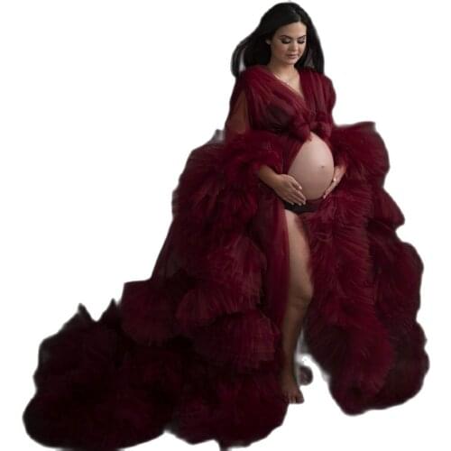 Custom Made Burgundy Maternity Dresses Tiered Skirts Maternity Gown for Photoshoot Boudoir Ruffles Robe Bathrobe Nightwear