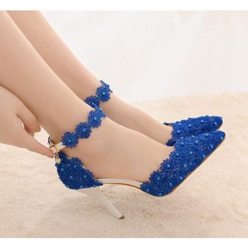 Women Thin Heel Sandals Pointed Toe High Heels White Blue Lace Wedding Shoes Pointed Toe Lace Flower Pearls Pumps