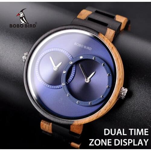 BOBO BIRD Two Time Zone Display Wood Watch Men Relogio Masculino Luxury Wristwatch Women Anniversary Grooms Gift Wooden Box R10