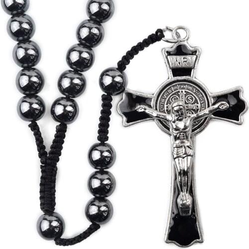 Big Size Hematite Stone Beads Hand Prayer Cord Rosaries Religious Gift Saint Benedict Cross Men Rosary