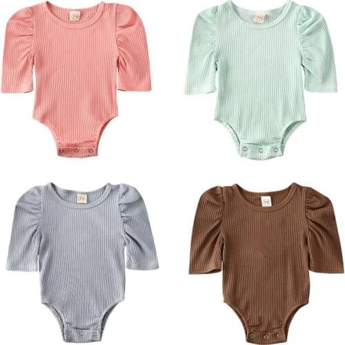 Baby Bodysuit 2020 Toddler Baby Girl Clothes 1/2 Puff Sleeve Solid Bodysuit Jumpsuit 1Pc Outfit 0-24M