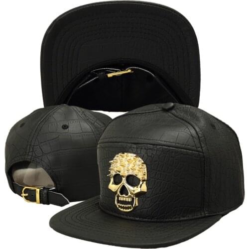 Hip Hop Rap 5 Panel Metal Skull Logo PU Leather Baseball Cap Casual Unisex Belt Buckle Snapback Hats Men Black Red Gold