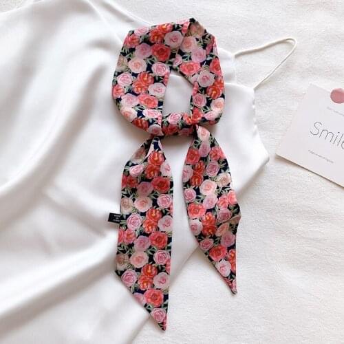 KOI LEAPING Aesthetic fashion Flower printing long silk scarf female multi-function decorative headband tie wrist strap bag belt
