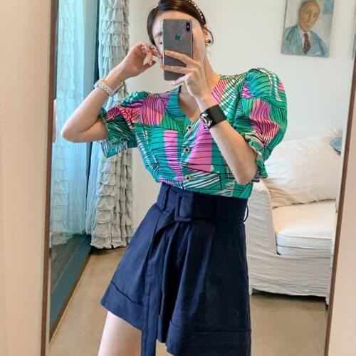 New arrival fashion korean style sets for women summer elegant temperament office lady shorts and print shirt two piece sets