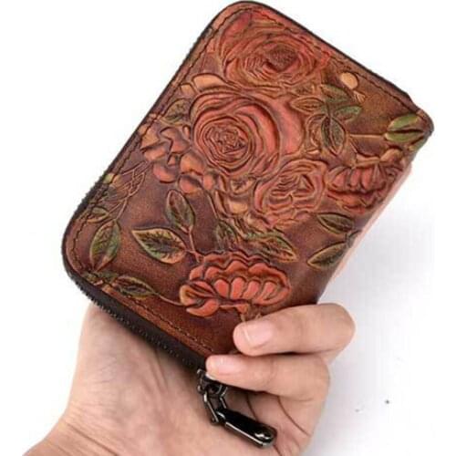 Genuine Leather Embossed wallet zipper card bag capacity women business card holder womens credit card package Purse