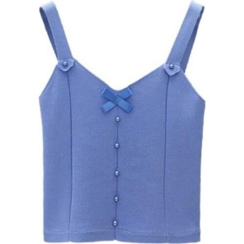 Summer Girls Bow Tie Beaded V-neck Strap Top Vest Sexy Cool Solid Versatile Knitting Base Strap Vest