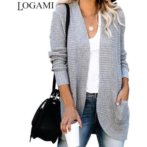 LOGAMI Curved Placket Pocket Sweater Women Long Sleeve Solid Cardigan Womens Autumn Knitwear