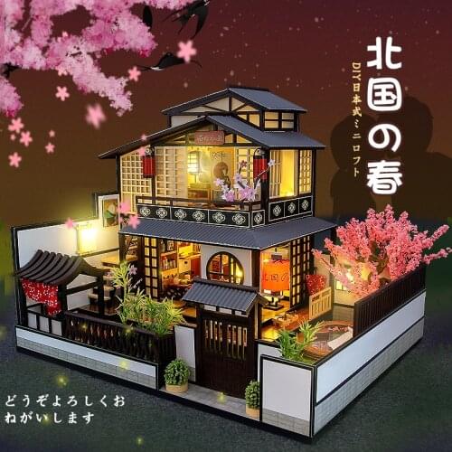 New Japanese Architecture DIY Wooden Dollhouses with Sakura Assembled Miniature with Furniture Doll House Toys for Adult Gift