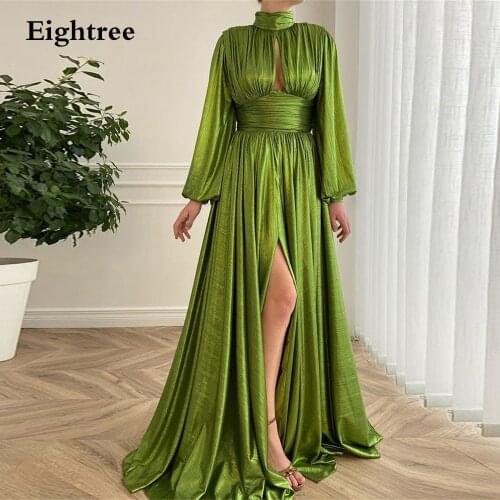 Simple Dark Green Long Side Slit Split Long A Line Evening Dress High Neck Long Sleeves Pleated Prom Gowns Party Formal Dresses