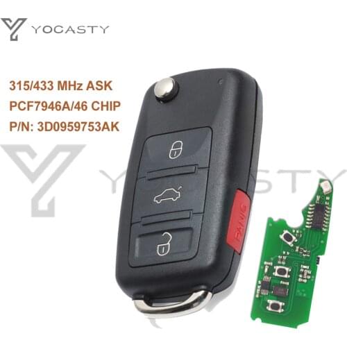 YOCASTY 3D0959753AK Flip Remote Key fob With PCF7946 CHIP 315 433 mhz For VW Volkswagen Phaeton Touareg 2002-2010