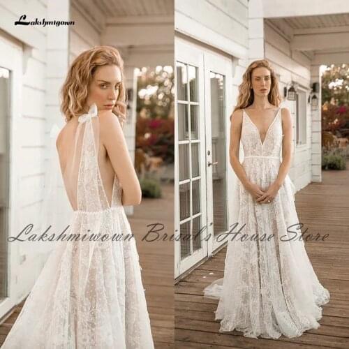 Sexy Bridal Boho Wedding Dress Robe Beach Summer 2021 Vestidos Vintage Lace A Line Wedding Dress Plunging Open Back Lakshmigown