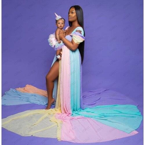 LO&LI Chic Colorful Rainbow Tulle Dresses Long Robe Puff Full Sleeves Ruffles Tiered See Thru Tutu Pregnant Woman