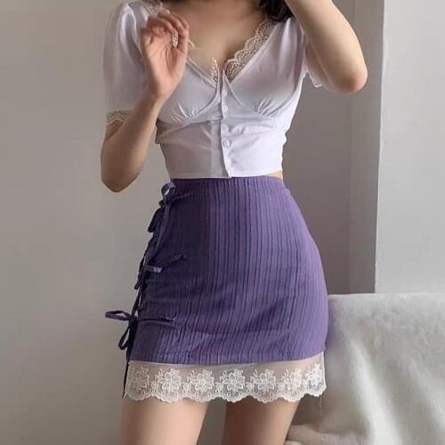 Summer French Retro High Waist Strappy Skirt Feminine Lace Stitching Bag Hip Mini Skirt Purple Slim Casual Skirt Isinbobo Y2k