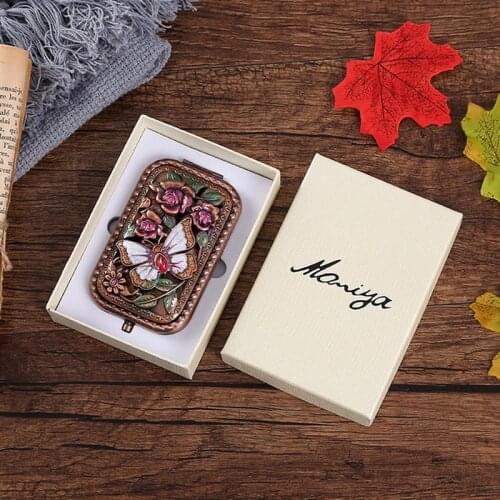 2-face Folded Pocket Mirror Vintage Hollow-out Carving Rhinestone Mirror with Gift Box Portable Makeup Mirror